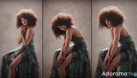 Woman with voluminous curly hair in green patterned fabric, posed in three sequential frames against neutral background.