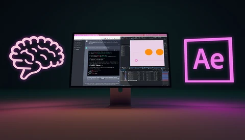 Illustration of a monitor displaying After Effects interface with neon pink brain and Ae logo icons.
