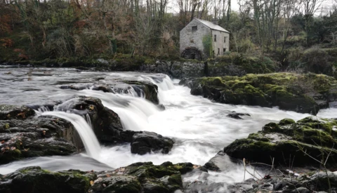 Rushing whitewater cascades over dark rocks in a river with a stone mill building nestled among bare trees on the bank.