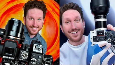 Photographer holding professional cinema camera with telephoto lens against warm-toned backdrop.