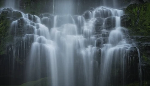 Cascading waterfall with multiple tiers flowing over mossy rocky ledges surrounded by green vegetation.