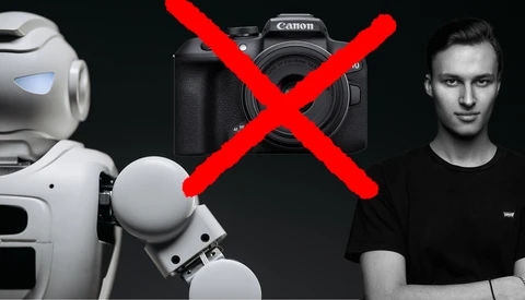 Illustration comparing AI-generated faces and robots with a Canon camera marked with a red X.