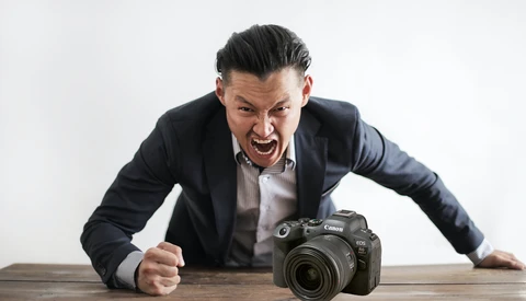 Enthusiastic man in business blazer leaning over a Canon DSLR camera on a wooden desk.
