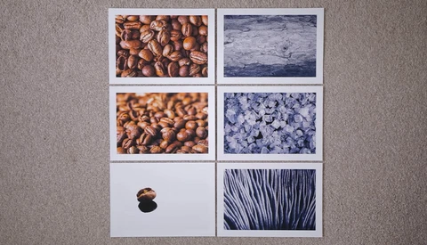 Six Polaroid-style prints arranged in a grid displaying close-up textures of coffee beans, water, salt crystals, a single bean, and plant stems.