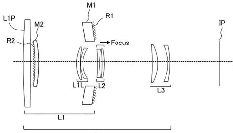 Diagram of a camera lens optical design showing multiple lens elements and mirror components.