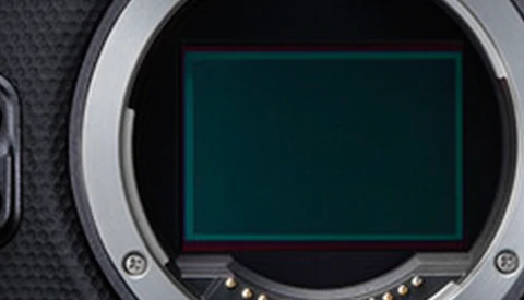 Camera sensor with green-tinted display showing dust or debris particles on the imaging surface.