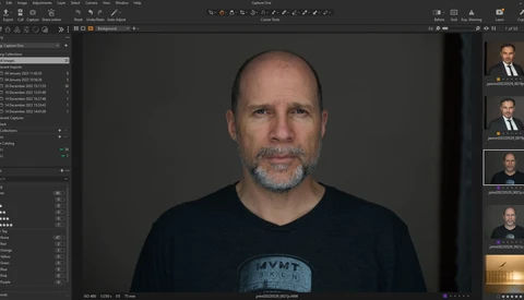 Screenshot of portrait editing software showing a headshot of a man with studio lighting applied.
