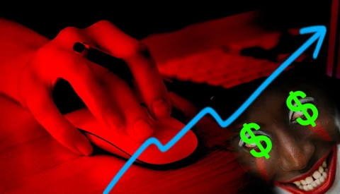 Illustration of a red devil character with upward trending graph arrow and green dollar signs.