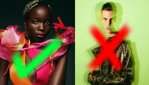Side-by-side portrait comparison with neon checkmark and X symbols overlaid on subjects against vibrant colored backgrounds.