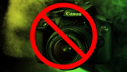 Canon EOS T7i DSLR camera with a red prohibition symbol overlaid on top.