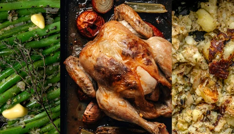 Three plated dishes arranged horizontally: roasted chicken with vegetables, green beans with garlic, and herb-crusted potatoes.