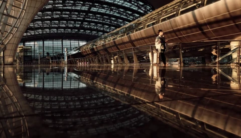 Modern train stationed in a glass-roofed terminal with mirror-like reflections on wet floor.