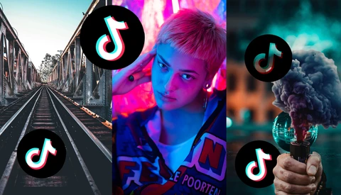 Composite graphic with three photographs overlaid with TikTok logos, featuring vibrant neon and moody lighting.