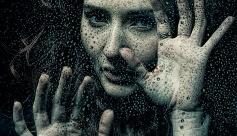 Woman with hands pressed against glass, face partially obscured by grainy texture overlay.
