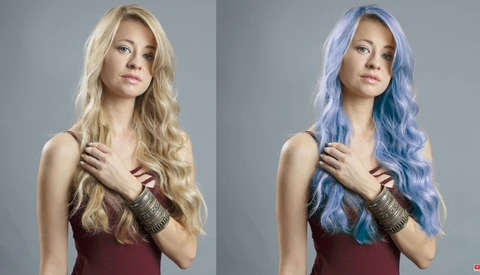 Side-by-side portrait comparison showing the same woman with blonde hair on the left and blue-tinted hair on the right.