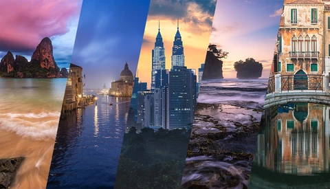 Collage of five travel destinations featuring limestone cliffs, Venice canals, twin towers at dusk, rocky coastline, and ornate architecture.