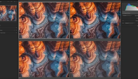 Screenshot of photo editing software showing aerial landscape with orange and blue geological formations in multiple comparison views.