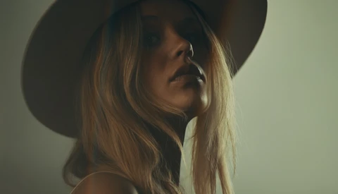 Woman wearing a wide-brimmed hat in profile, with long blonde hair and dramatic side lighting against a neutral background.