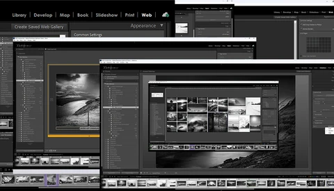 Screenshot of photo editing software showing multiple windows with black and white landscape photographs and contact sheet views.