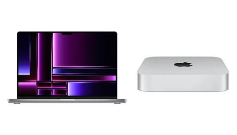 MacBook Pro laptop displaying neon purple and blue abstract graphic design alongside Mac mini desktop computer.