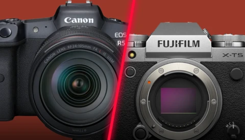 Canon EOS R5 with RF 24-105mm lens on the left and Fujifilm X-T5 mirrorless camera body on the right against a red background.