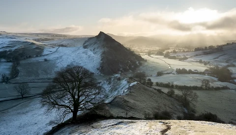 Snow-covered hill with bare tree in foreground overlooking frost-laden valley landscape under winter sky.