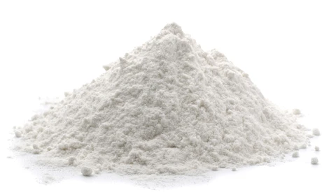 Pile of fine white powder against a white background.