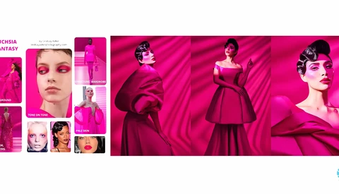 Fashion editorial layout featuring bold magenta styling with makeup swatches, fabric textures, and three models in coordinating deep pink garments.