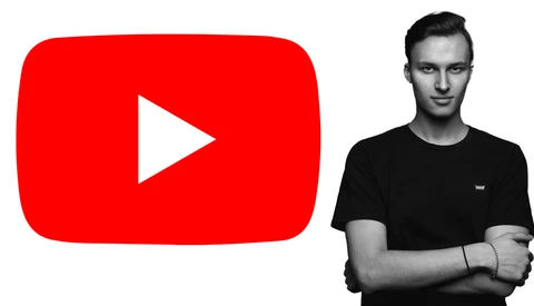 YouTube logo next to portrait of man in black t-shirt with arms crossed.