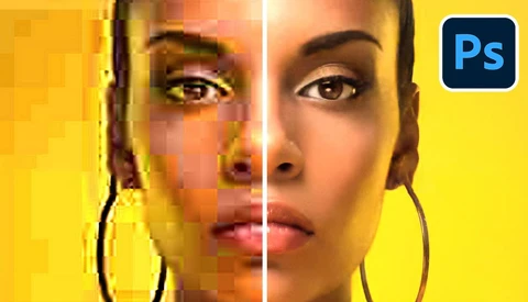Before-and-after comparison showing skin retouching and color grading effects in Photoshop.