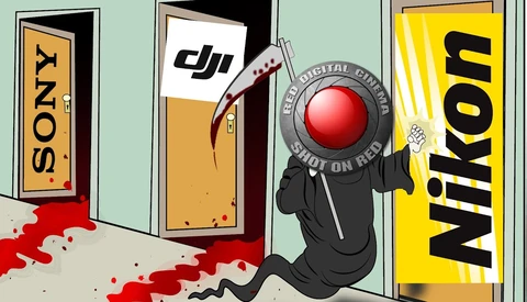 Illustration of a figure in business attire collapsing between doors labeled Sony, DJI, and Nikon, with red liquid pooling on the floor.
