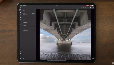 Screenshot of photo editing software displaying an architectural image of a bridge viewed from underneath.