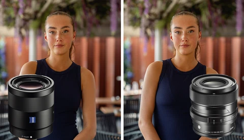 Side-by-side comparison of two camera lenses held by a woman in a black tank top outdoors.