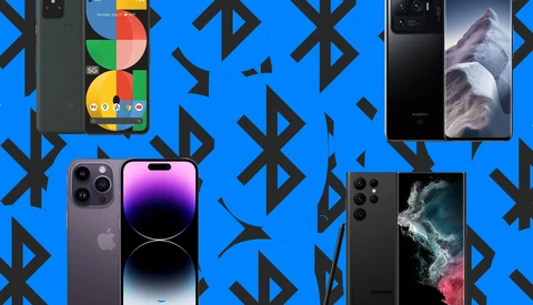 Four smartphones arranged on a bright blue background with black geometric patterns.