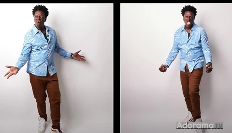 Man in light blue patterned shirt and brown pants shown in two casual poses against white background.