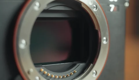 Camera body with open mirror box revealing the sensor and gold electrical contacts.