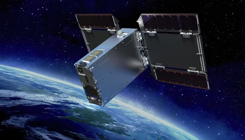 Illustration of a satellite in orbit above Earth with deployed solar panels and metallic body structure.