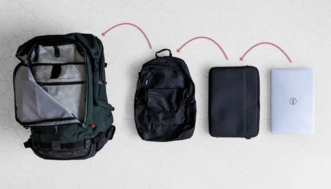 Photographer's travel kit laid out showing a hiking backpack, camera backpack, protective cases, and a laptop in organized arrangement.