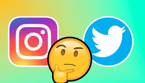 Illustration of Instagram and Twitter logos flanking a thinking face emoji against a gradient background.