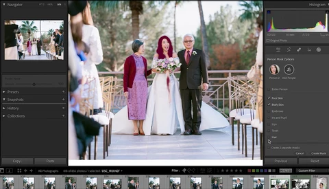 Screenshot of a wedding ceremony captured in Lightroom with the bride and groom centered on an outdoor wooden deck.