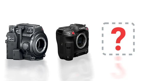Three Canon cinema cameras displayed side-by-side, with the third camera obscured by a question mark symbol.
