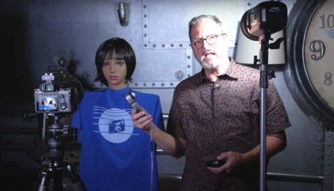 Two people in a studio setting with professional lighting equipment and a large clock visible in the background.