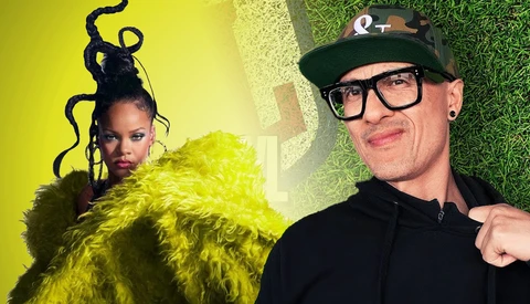 Woman with dramatic black tentacle-like hair extensions next to man wearing black cap and glasses against yellow-green gradient background.