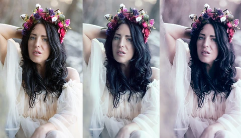 Woman with long black wavy hair wearing a floral crown in three color-graded variations.