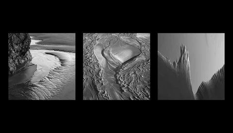 Three black and white aerial photographs showing dramatic terrain with flowing patterns and ridged formations.