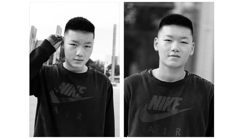 Two black and white portrait photographs of a young man in a Nike shirt, one with arm raised and one with neutral pose.