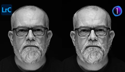 Side-by-side comparison of identical male portrait photographs with glasses and beard.