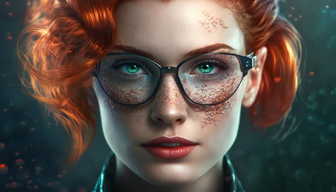 Illustration of a woman with red hair and freckles wearing black-framed glasses with green eyes.