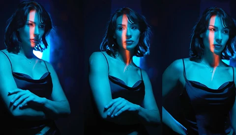 Portrait triptych showing a woman in a black camisole against a dark background with blue and red gel lighting.
