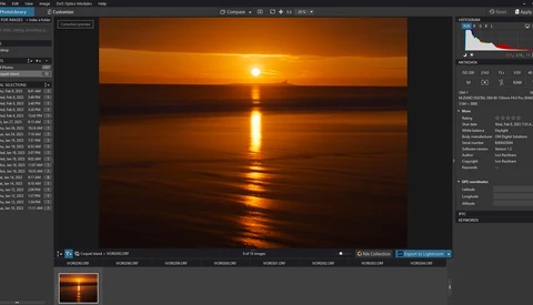 Screenshot of photo editing software showing a sunset over water with golden reflections.